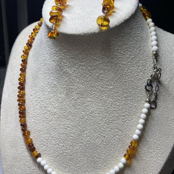 Amber Bead Necklace with Earrings, Sterling Silver 925, 18” Chain - Picture 9 of 11